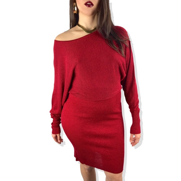 Vintage Dresses & Skirts - VTG red metallic glitter rayon dolman sleeve dress